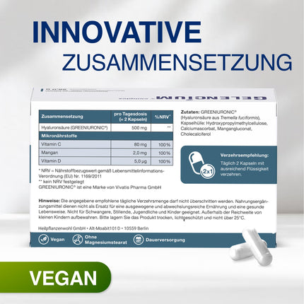 GELENCIUM® Hyaluron Intense | Augsta hialuronskābes dienas deva: 500 mg | Augsta molekulmasa: 2000–4000 kDa | Augsta biopieejamība | Ar mikrouzturvielām veselīgām locītavām | Vegāns | Aptiekas kvalitāte | 60 kapsulas