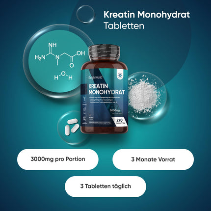 Kreatīna monohidrāta tabletes - 3000 mg vienā porcijā - 270 vegāniskas kreatīna tabletes - 3 mēnešu krājumi - kreatīns - kapsulu un pulvera alternatīva - bez glutēna un magnija stearāta - WeightWorld