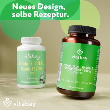 Vitabay D3 K2 vitamīna augstas devas 10000 SV Depot - 180 vegānas un laboratorijā pārbaudītas D vitamīna tabletes bez piedevām - veicina imūnsistēmas atbalstu un normālu kaulu uzturēšanu