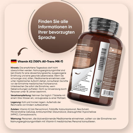 K2 vitamīna MK7-365 vegāniskās tabletes - 200µg devā - 100% trans-menahinons - 1 gada krājums - K vitamīna uztura bagātinātāji no WeightWorld