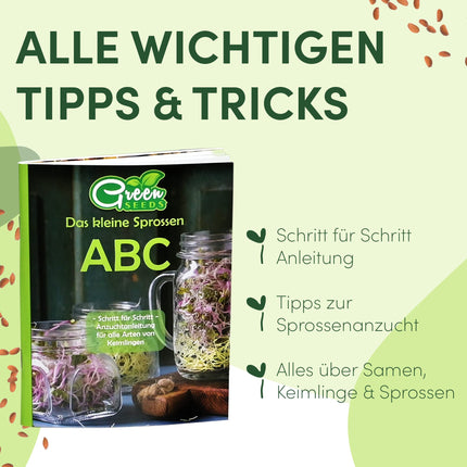 Green SEEDS® [Oriģinālais dīgšanas burku komplekts (2 gab.) + kressalātu siets + 3 x sēklu komplekts ar augstas kvalitātes nerūsējošā tērauda vāku, statīvu, keramikas bļodu + dīgšanas ABC [Drukātas versijas] Dīgšanas burku kultivēšanas komplekts