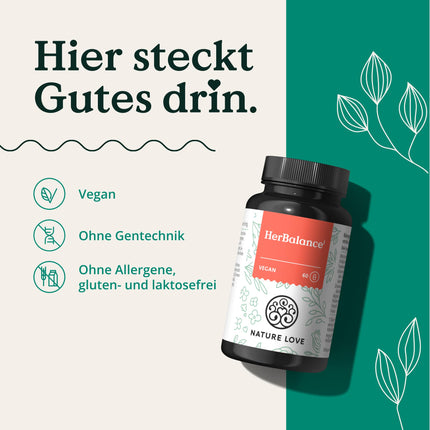 NATURE LOVE® HerBalance sievietēm - 60 kapsulas - ar vaislas ogām, magniju, B6 vitamīnu hormonu līdzsvaram, folskābi - vegāns, augsta deva, laboratoriski pārbaudīts