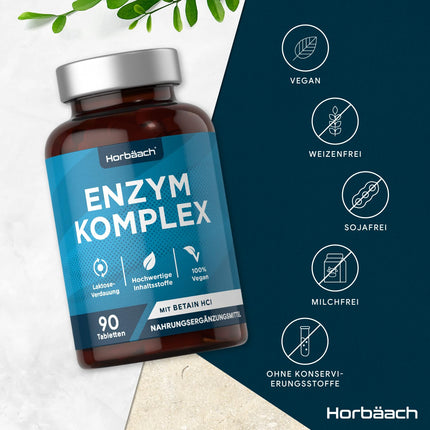Gremošanas enzīmi | Enzīmu komplekss amilāze, proteāze, laktāze, lipāze un celulāze | Betaīna HCl | 90 vegānas tabletes | Gremošanas enzīmi | Horbaach