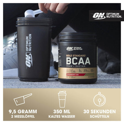 Optimum Nutrition Gold Standard BCAA Train + Sustain, aminoskābju pulveris lietošanai pirms treniņa, sporta dzēriens ar C vitamīnu, cinku, magniju un elektrolītiem, zemeņu-kivi garša, 28 porcijas, 266 g