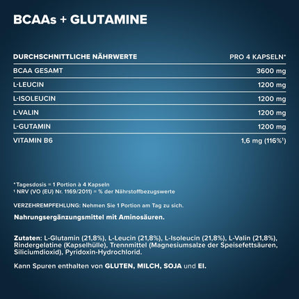 IronMaxx BCAA + Glutamīns - 1200 (260 trikapsulas) | BCAA kapsulas, bez cukura un konservantiem | Augstas devas aminoskābju kapsulas, ieskaitot visas sazarotās ķēdes aminoskābes (BCAA) un L-glutamīnu