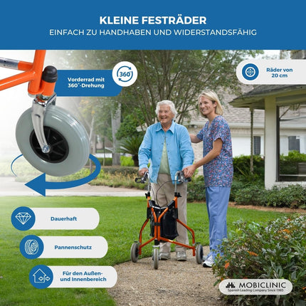 Mobiclinic, Caleta modelis, Rollators, Staigulīši senioriem un cilvēkiem ar invaliditāti, Ar 3 riteņiem, Salokāms staigāšanas palīglīdzeklis, Tērauds, Regulējams, Grozs, Pārnēsāšanas soma, Bremzes uz svirām, Oranžs