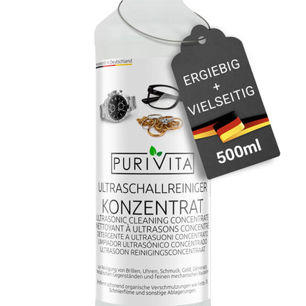 PURIVITA® ultraskaņas tīrīšanas koncentrāts [500 ml] - tīrīšanas līdzeklis ultraskaņas ierīcēm - tīrīšanas šķidrums ultraskaņas tīrītājiem - ultraskaņas tīrīšana brillēm, rotaslietām, zobiem un monētām