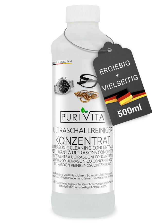 PURIVITA® ultraskaņas tīrīšanas koncentrāts [500 ml] - tīrīšanas līdzeklis ultraskaņas ierīcēm - tīrīšanas šķidrums ultraskaņas tīrītājiem - ultraskaņas tīrīšana brillēm, rotaslietām, zobiem un monētām