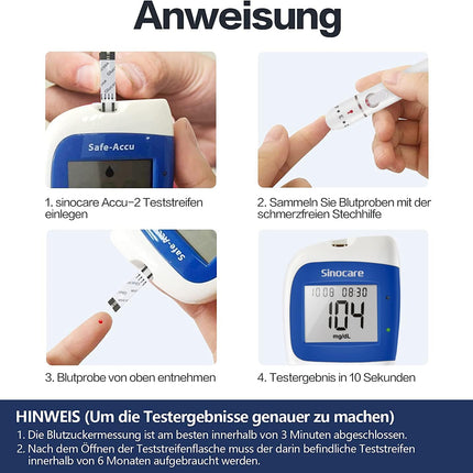 Sinocare asins glikozes mērītājs, glikozes monitors ar asins glikozes testa strēmelītēm 100, nesāpīga ātra asins glikozes trauksmes lampa, mg/dL