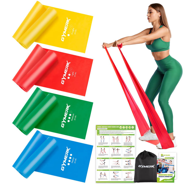 GYMERK fitnesa lentu komplekts (4 gab.), 1,8 m fitnesa lentes, 4 pretestības līmeņi ar vingrojumu plakātu, vingrojumu lente ar pārnēsāšanas somu un vingrojumu instrukcijām, ideāli piemērotas jogai, Pilates, muskuļu veidošanai, fizioterapijai