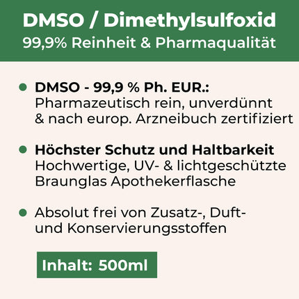 DMSO 500 ml 99,9% farmaceitiskā kvalitāte un tīrība - DMSO dimetilsulfoksīds pH. EUR neatšķaidīts gaismas aizsargātā brūnā stikla aptiekas pudelē - DMSO 99,9% 500 ml