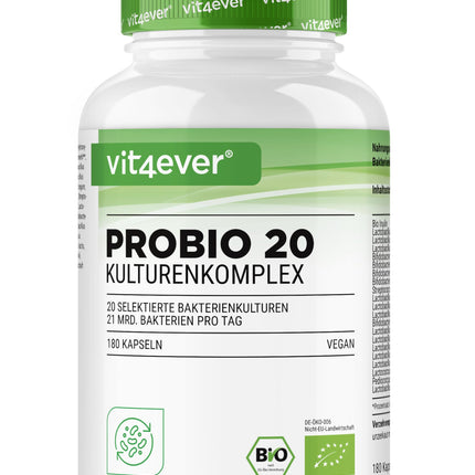 Probio 20 - Kultūru komplekss ar 20 baktēriju celmiem + organisko inulīnu - 180 kuņģa sulu izturīgas kapsulas Bright JC Caps® - 21 miljards pienskābes baktēriju vienā dienas devā - Augsta deva - Vegāns -