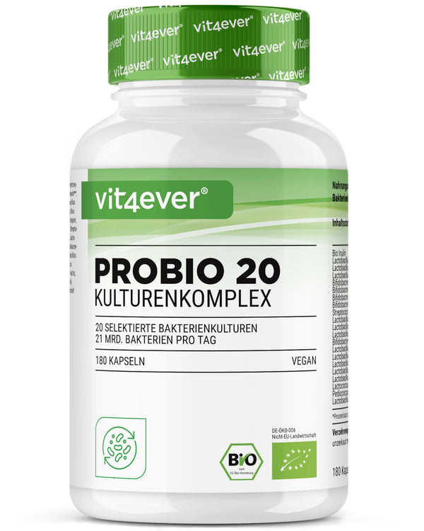 Probio 20 - Kultūru komplekss ar 20 baktēriju celmiem + organisko inulīnu - 180 kuņģa sulu izturīgas kapsulas Bright JC Caps® - 21 miljards pienskābes baktēriju vienā dienas devā - Augsta deva - Vegāns -
