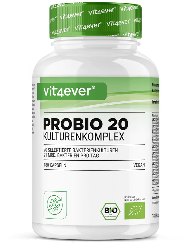 Probio 20 - Kultūru komplekss ar 20 baktēriju celmiem + organisko inulīnu - 180 kuņģa sulu izturīgas kapsulas Bright JC Caps® - 21 miljards pienskābes baktēriju vienā dienas devā - Augsta deva - Vegāns -