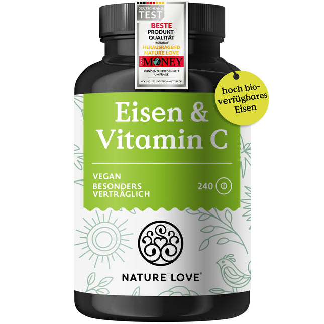 NATURE LOVE® dzelzs tabletes ar C vitamīnu - 240 tabletes - 20 mg dzelzs un 40 mg C vitamīna vienā tabletē - Augsti biopieejams dzelzs bisglicināts (dzelzs helāts) - Vegāns, ražots Vācijā