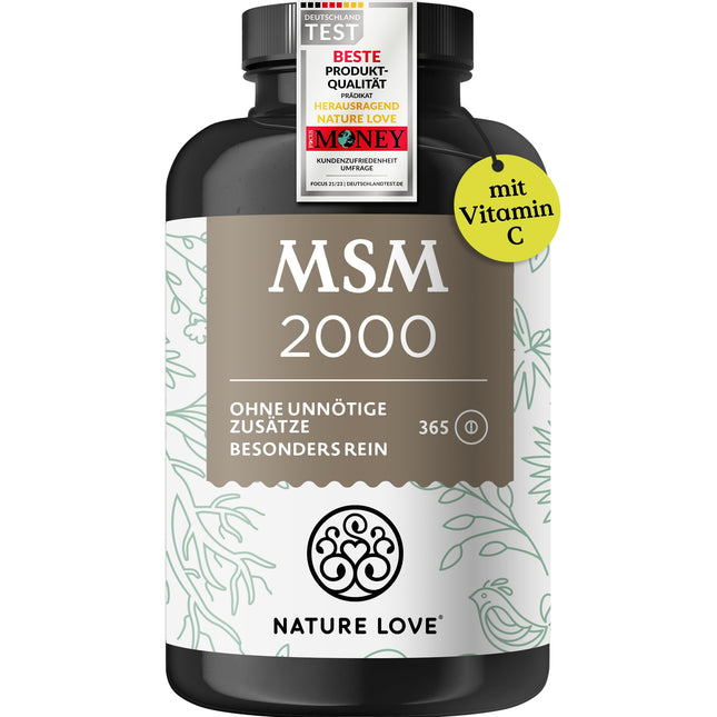 NATURE LOVE® MSM 2000 mg ar C vitamīnu - 365 laboratoriski pārbaudītas tabletes - Kompaktāks MSM pulveris nekā kapsulās - Bez piedevām, augsta deva, vegāns, ražots Vācijā