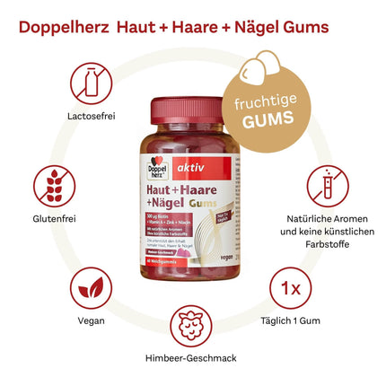 Doppelherz Skin + Hair + Nails Gums - ar vitamīniem un minerālvielām - cinks veicina normālas ādas, matu un nagu uzturēšanu - vegāns - apm. 60 mīkstas želejkonfektes