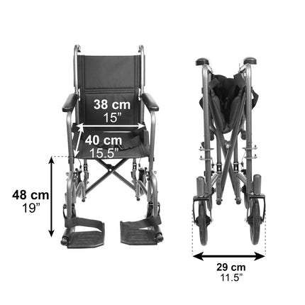 PEPE Mobility - saliekams ratiņkrēsls, viegls, šaurs (sēdeklis 38 cm), tērauda transportēšanas ratiņkrēsls, paredzēts iekštelpām vecāka gadagājuma cilvēkiem, ar kāju balstu
