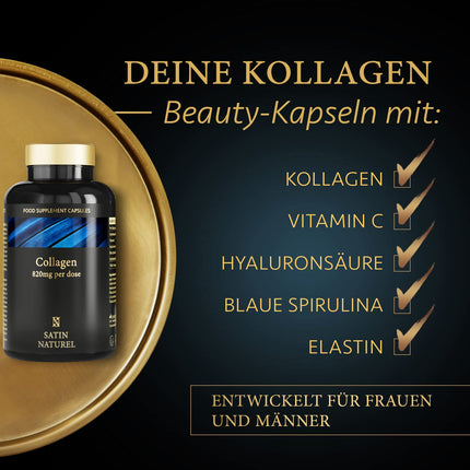Satin Naturel kolagēna komplekss ar hialuronskābi - 180 kapsulas - augstas devas hialuronskābes kolagēna kapsulas - bagātināts ar C vitamīnu, elastīnu un spirulīnu - bez piedevām - ražots Vācijā