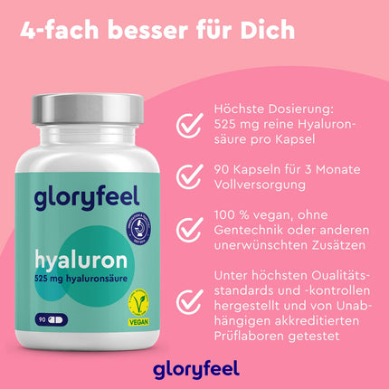 Augstas devas hialuronskābes kapsulas - 525 mg hialuronskābes vienā kapsulā - 500-700 kDa - 90 vegāniskas kapsulas - laboratoriski pārbaudītas, ražotas Vācijā bez piedevām