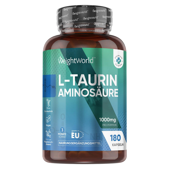 L-taurīna kapsulas - 1000 mg dienā - 180 vegānu aminoskābju kapsulas - 2 L-taurīna aminoskābju kapsulas - 3 mēnešu krājumi - alternatīva pulverim vai tabletēm - WeightWorld