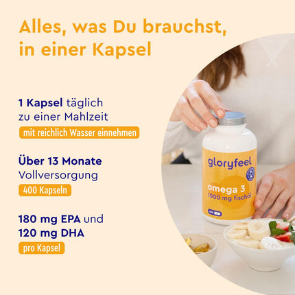 Omega 3 400 kapsulas (+1 gads) - 1000 mg zivju eļļas vienā kapsulā - Neaizvietojamās Omega 3 taukskābes ar EPA un DHA - Ilgtspējīga zveja, laboratorijā pārbaudīta, ražota Vācijā bez piedevām