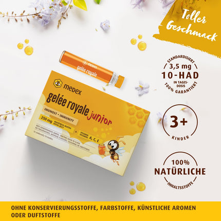 Medex Royal Jelly JUNIOR, svaigs peru pieniņš 250 mg, ar dabīgiem A, C un E vitamīniem, lieliska garša, bez saldinātājiem, bērniem no 3 gadu vecuma, šķidrums ampulās 10 x 9 ml