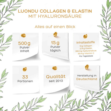 Luondu® kolagēna pulveris ar elastīnu, hialuronskābi un C vitamīnu - bioaktīvi kolagēna hidrolizāta peptīdi I, II un III tipi - optimāla šķīdība un biopieejamība - neitrāls - 500 g
