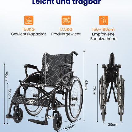 VOCIC U31 salokāms ratiņkrēsls ar vieglo svaru līdz 150 kg, dubultās bremzes, salokāms transportēšanas ratiņkrēsls (17,5 kg) ar pašgājēju piedziņu senioriem, 60 cm caurdurams aizmugurējais ritenis visiem reljefiem, 5 gadu garantija | Pelēks