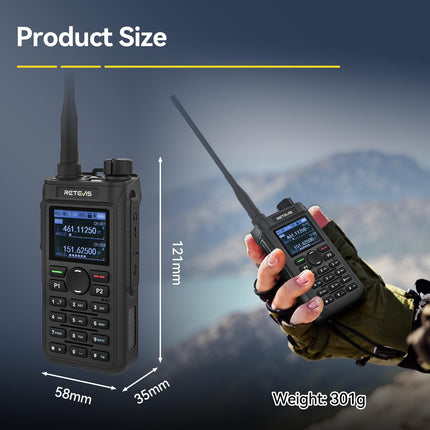 Retevis C62 divu joslu rācija, profesionāls radioamatieris ar LCD ekrānu, augstas veiktspējas divvirzienu radio, 2000 mAh, pārgājieniem/medībām/kempingam (melns, 1 iepakojums)