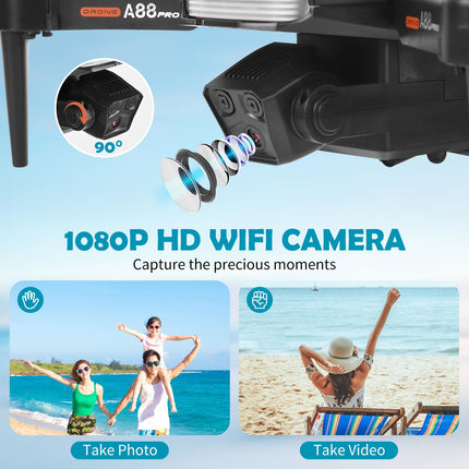 Drons ar 1080P HD kameru bērniem, tālvadības drons ar 2 baterijām, salokāms kvadrokopters ar FPV WiFi pārraidi, gravitācijas sensors, 3D apgriešanas režīms, pacelšanās/nosēšanās ar vienu pogu, augstuma noturēšanas režīms (melns)