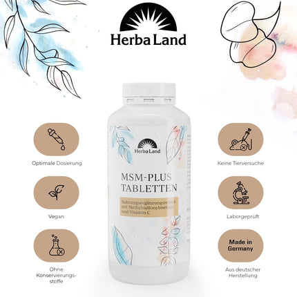 MSM Plus tabletes | Vegāns | 2000 mg MSM un 60 mg C vitamīna dienā | 500 tabletes 8 mēnešiem | Metilsulfonilmetāns | Neatkarīgi laboratorijā pārbaudīta kvalitāte | Ražots Vācijā