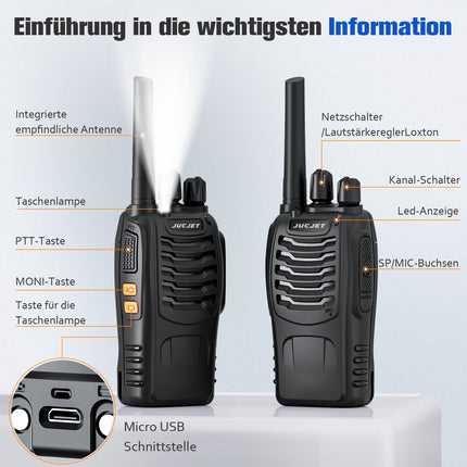 JUCJET 88E rācija, bezlicencīga PMR446 16 kanālu rācija, rokas rācija ar iebūvētu LED lukturīti. 2-in-1 C tipa uzlādes kabelis ar USB uzlādes staciju un austiņām (melns, 2 iepakojumā)