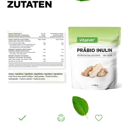 Prebio inulīna pulveris - 1100 g (1,1 kg) - Augsts šķiedrvielu saturs - Prebiotiķis - Kontrolēts atlieku saturs - Izcelsme: Eiropa - Dabiski iegūts no cigoriņu saknes - 100% vegāns