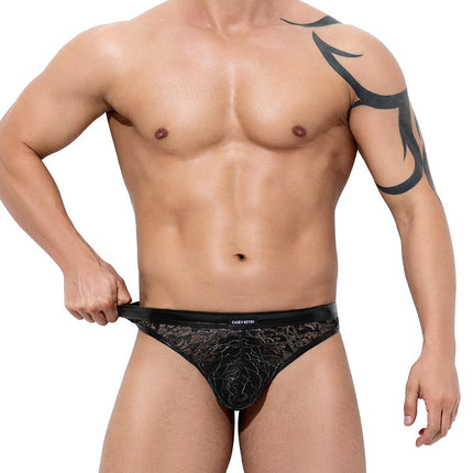 Casey Kevin string tanga vīriešu mežģīņu stringi vīriešiem caurspīdīga PU ādas apakšveļa mitrā izskata G-string bikini ar T-veida muguru