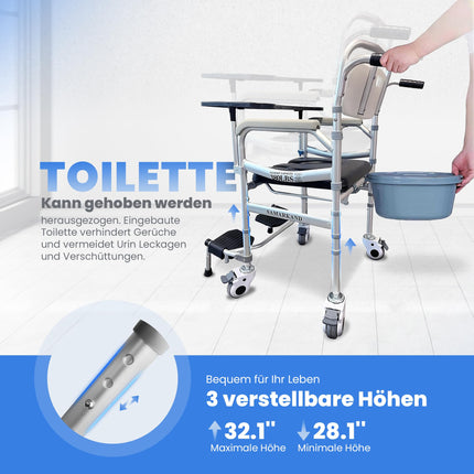 Tualetes krēsls senioriem ar dušas sēdekli, ratiņkrēslu un noņemamu ēdiena paplāti - Dušas krēsls senioriem - Paaugstināts tualetes sēdeklis pieaugušajiem - Tualetes krēsli - Tualetes krēsls ar riteņiem līdz 170 kg