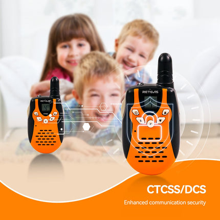 Retevis RT602 Walkie Talkie Kids 8 kanāli PMR446 bērnu divvirzienu radio ar uzlādējamām baterijām Lukturītis VOX LCD displejs Rotaļlietu spiegu aprīkojums Dāvanas bērniem (1 pāris, oranžs)