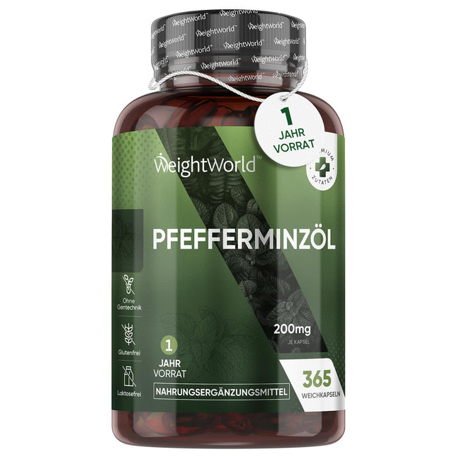 Piparmētru eļļas mīkstās kapsulas - 200 mg piparmētru eļļas vienā mīkstajā kapsulā - 365 tīras piparmētru eļļas mīkstās kapsulas - 1 gada krājumi - uztura bagātinātājs - piparmētra labsajūtai - WeightWorld