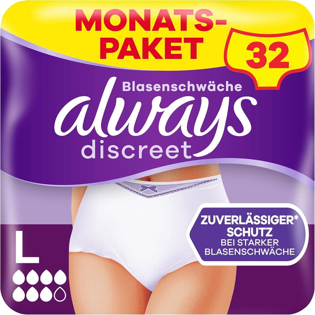 Always Discreet Incontinence Panties Plus sievietēm, L, 32 biksītes, novērš noplūdi un nepatīkamas smakas, ērtas un tik tikko pamanāmas