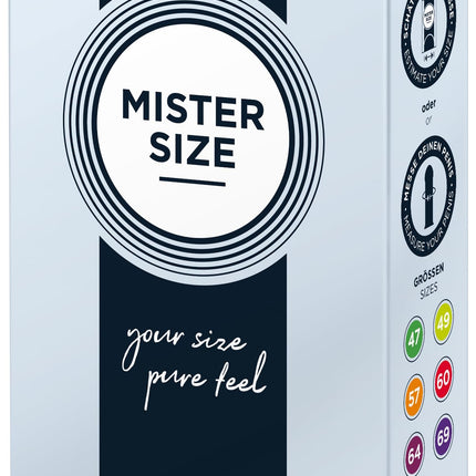 MISTER SIZE prezervatīvi – īpaši plāni un ultraplāni – reālistiska sajūta un īpaši mitri – ideāli pieguļ – izgatavoti no dabīgā kaučuka lateksa dabiskai sajūtai un maksimālai drošībai (10 gab. iepakojumā, 53 mm)