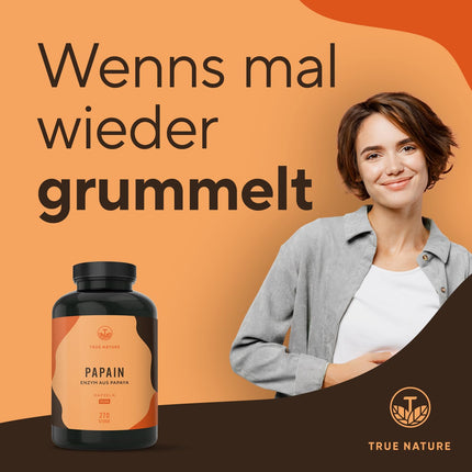 Papaijas enzīmu kapsulas - 270 gabali - AUGSTA DEVA: 2100 mg tīra papaīna - 6 miljoni vienību/g Papaīna enzīmu aktivitāte - vegāns, ražots Vācijā - TRUE NATURE®
