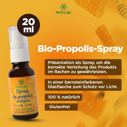 Organiskā propolisa aerosols - 20 ml. Veicina mutes dobuma un rīkles labsajūtu. Satur propolisu, medu, rozmarīnu, eikaliptu un citronu.
