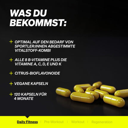 Dienas vitamīni – 120 multivitamīnu kapsulas – visi vērtīgie AK vitamīni – ideāli piemēroti sportistiem – vegāniem, ar augstu devu, bez nevajadzīgām piedevām – ražoti Vācijā un laboratorijā pārbaudīti