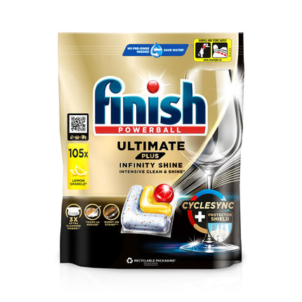 Finish Ultimate Plus Infinity Shine Citrus trauku mazgājamās mašīnas tabletes – trauku mazgājamās mašīnas tabletes intensīvai tīrīšanai, tauku šķelšanas jaudai un spīdumam ar aizsargvairogu – 105 kapsulas, tabletes, citrons