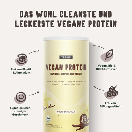 VETAIN vegānu proteīna pulveris ar vaniļas garšu - 21 g proteīna vienā porcijā - bioloģisks vegānu proteīna pulveris, kas pagatavots no zirņu, rīsu, linsēklu, ķirbju sēklu un kaņepju sēklu proteīna - bez alergēniem un pievienota cukura - 600 g