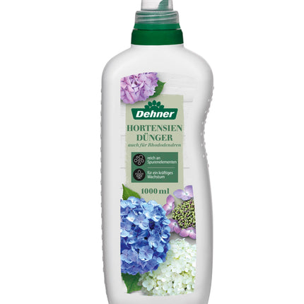 Dehner hortenziju un rododendru mēslojums, augstas kvalitātes šķidrais mēslojums, mēslojums lapu kokiem, organiskais NPK mēslojums, ar barības vielām, 1 l, apm. 150 l, krāsains
