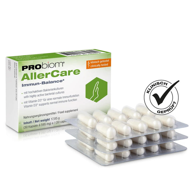 PRObiom® AllerCare [PROBIOTIKAS ALERĢIJAS PROFILAKSEI] – Klīniski pārbaudītas baktēriju kultūras un D3 vitamīns – Atbalsts spēcīgai imūnsistēmai – bērniem un pieaugušajiem – 30 kapsulas (1 mēnesis)