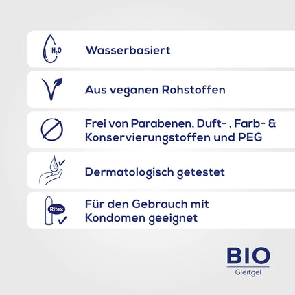 Ritex BIO lubrikants, 50 ml, vegāns un nav testēts uz dzīvniekiem, bez smaržvielām un krāsvielām, PEG, parabēniem un citiem konservantiem, ražots Vācijā
