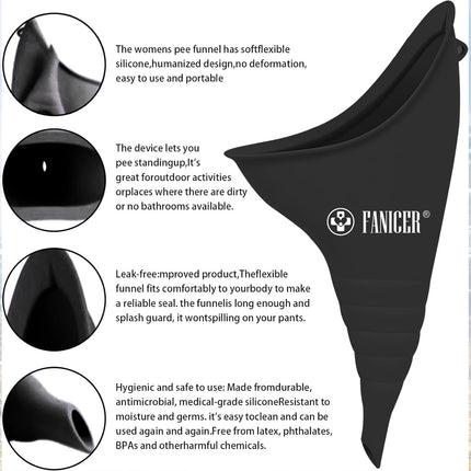 Urinella sievietēm, urinēšanas palīglīdzeklis sievietēm ar viengabala urinēšanas piltuvi, pārnēsājams, atkārtoti lietojams pisuārs sievietēm. Ideāli piemērots aktivitātēm brīvā dabā, kempinga tualetēm, festivāliem un ceļošanai. (Melns)