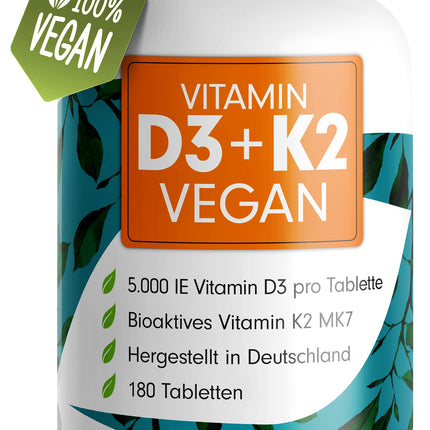 VEGĀNS D3 K2 vitamīns - 180 tabletes ar 5000 SV D3 + 200 mcg K2 (MK7) - Augstas devas un vegāns D3 vitamīns + K2 vitamīns bioaktīvā MK7 formā - laboratoriski pārbaudīts ar sertifikātu - Uzglabāšanas iepakojums: 180 tabletes